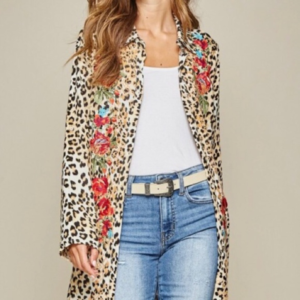 Leopard Floral Embroidered Boho Maxi Dress Duster - Picture 3 of 12
